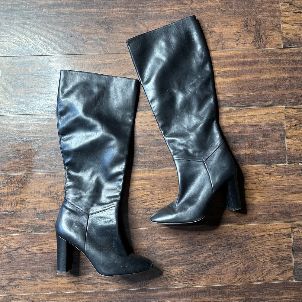 Vince Pilar 98MM Knee High Block Heel Black Leather Boots